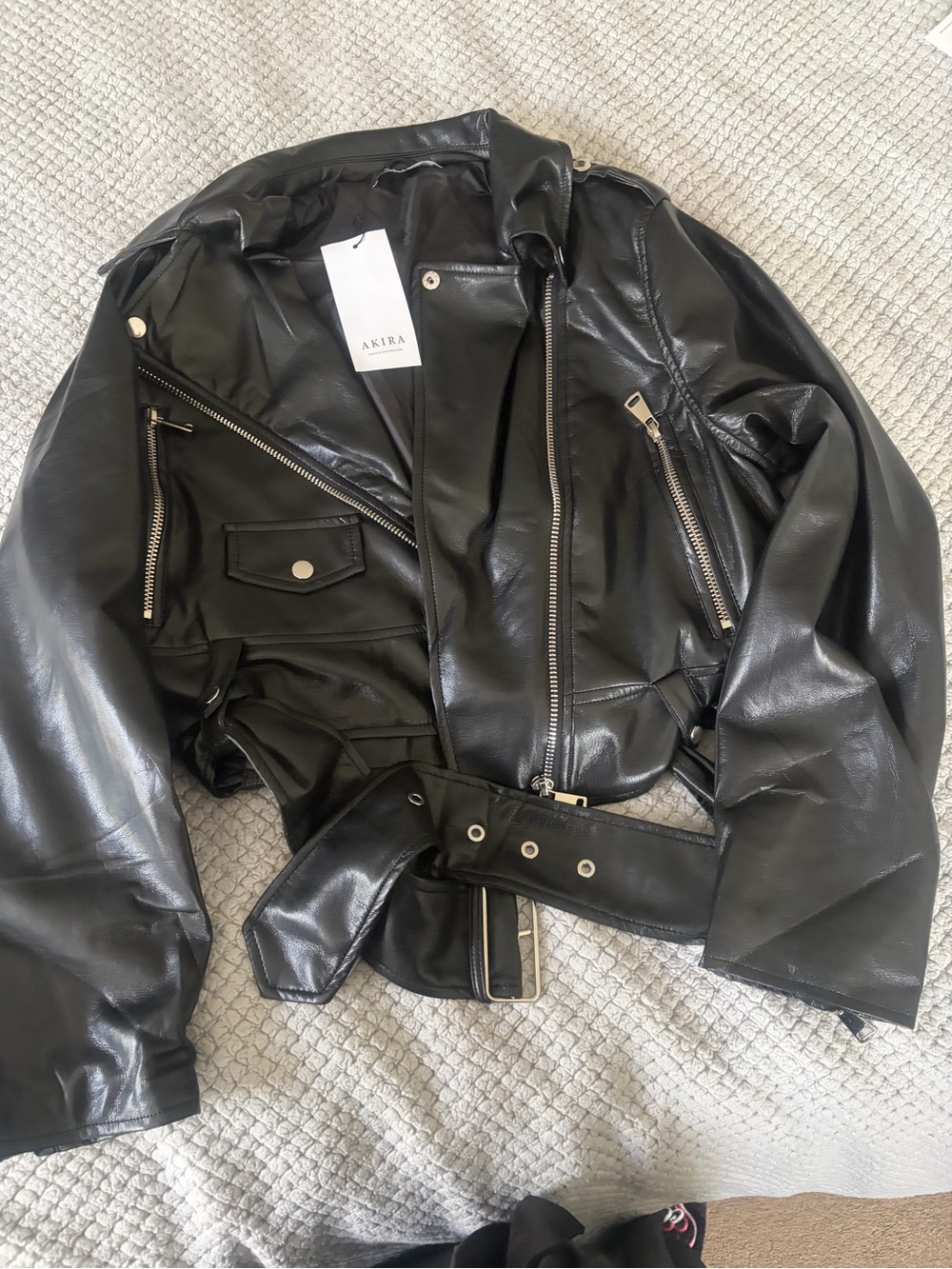 AKIRA Black Faux Leather Biker Jacket with Belt